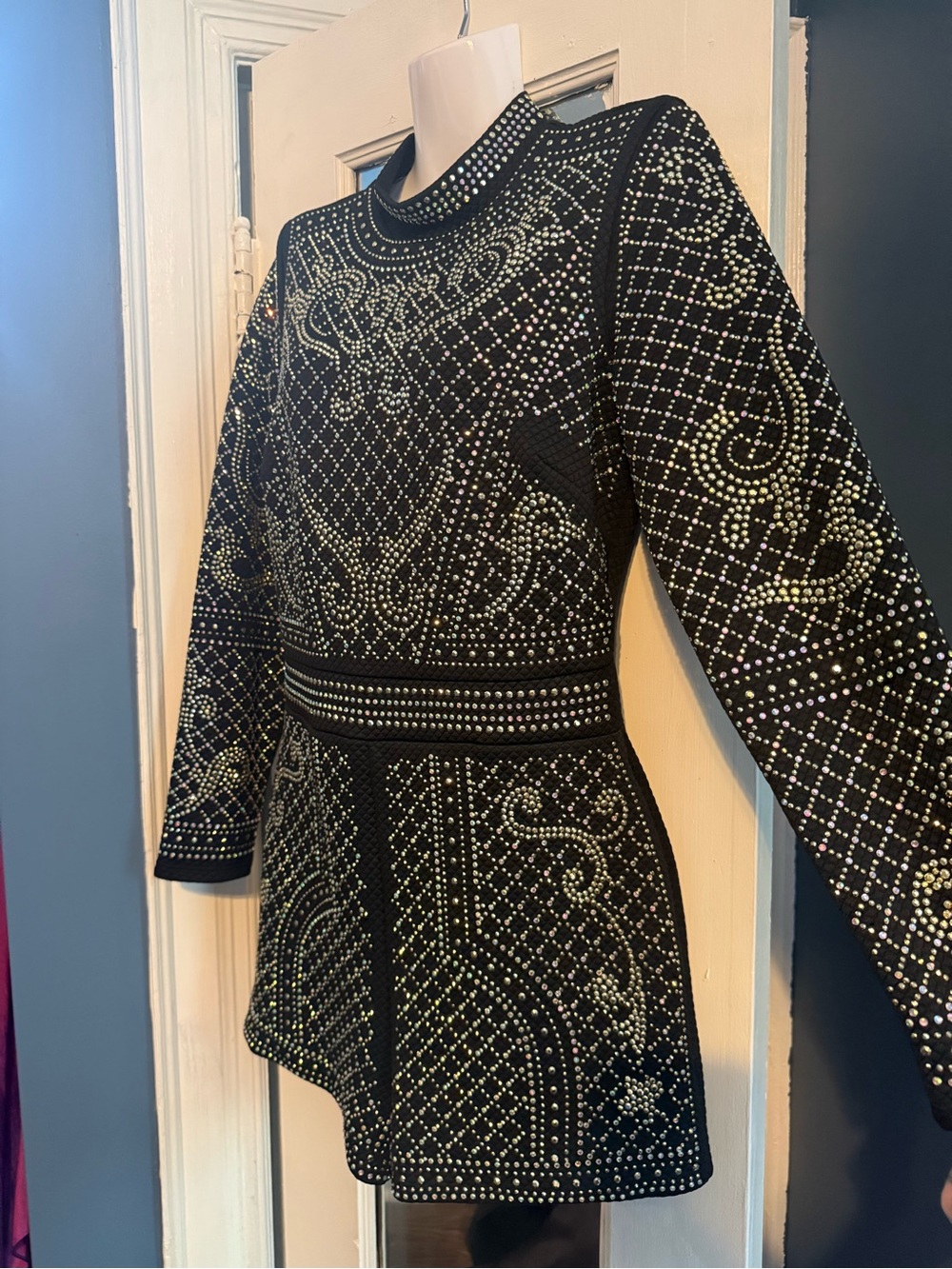 Bebe Bianca Studded Rhinestone Long Sleeve Mock Neck Romper Black NWT M